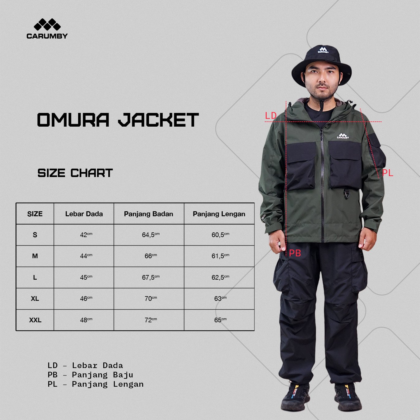 Jaket Gunung Carumby Omura Two Tone Hitam Pria Wanita - Gambar 9